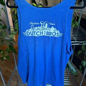 Bright blue Dutch Bros tank top celebrating 10 years of Dutch Bros in Meridian